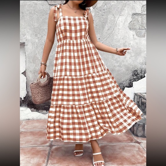 Boho brown White Plaid Gingham Ruffle Maxi Dress - Picture 6 of 6